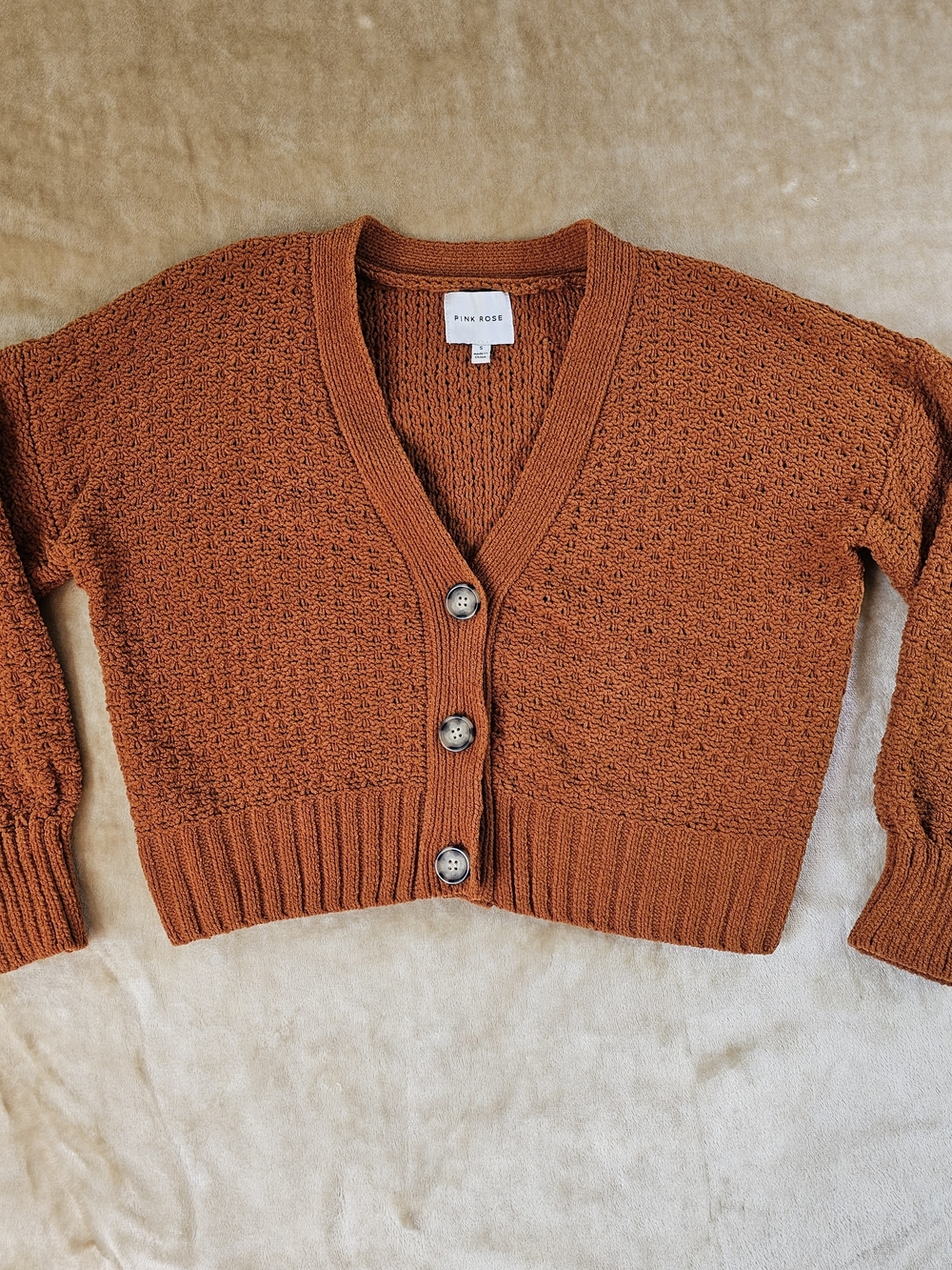 Pink Rose Rust Textured V-Neck Button Cardigan Sweater